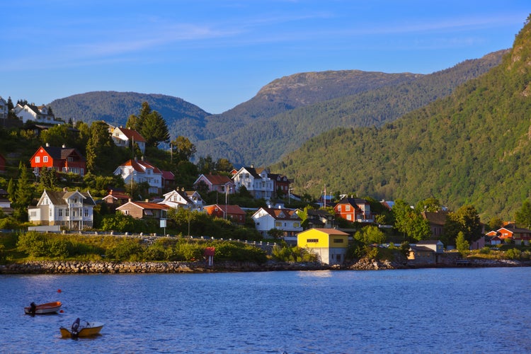 photo of view of Town Sogndal and fjord in Norway - nature and travel background.