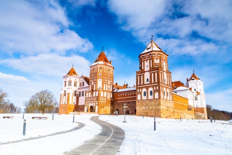 Photo of the winter panorama of the Mir Castle Complex, Minsk Region, Belarus.