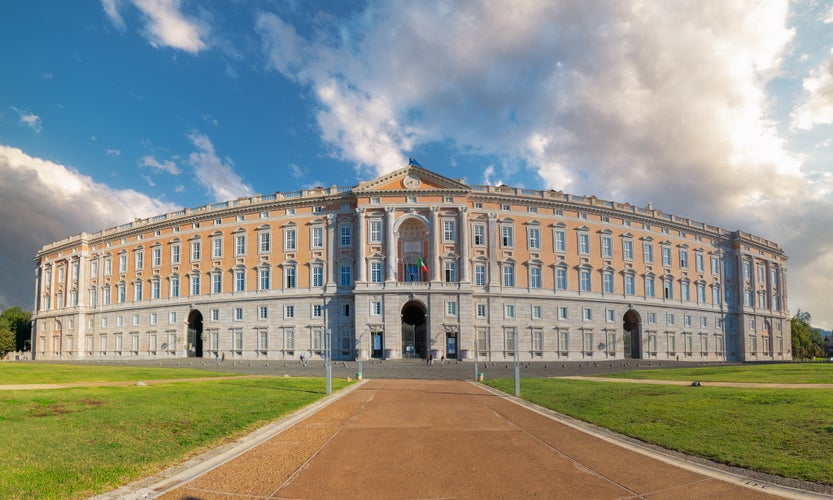 Photo of entrance of the The Royal Palace of Caserta, built in 18th century and former residence of Bourbon kings, Caserta, Italy.