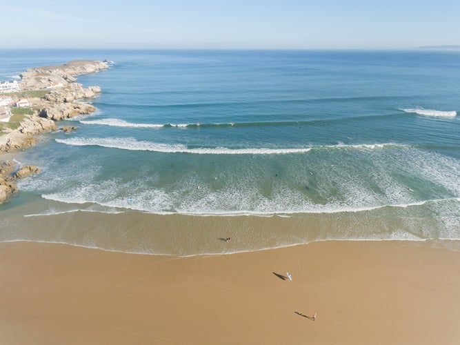 Photo of aerial view of Peniche's sandy beach and Atlantic Ocean in summer.