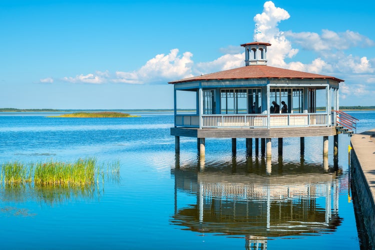 Photo of Wooden sightseeing pavilion on the seaside promenade in Haapsalu. Estonia, Baltic states, Europe.