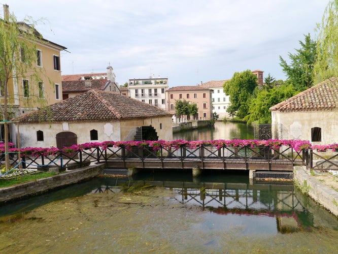 Photo of the carriage wheel of a water mill in Portogruaro a town on the river Lemene in the Province Venice in Veneto in Italy.