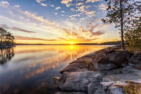 Photo of view to Ruokolahti church and The Lake Saimaa in autumn, South Karelia, Finland.