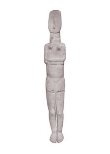 photo of Cycladic period human figures isolated on white background .