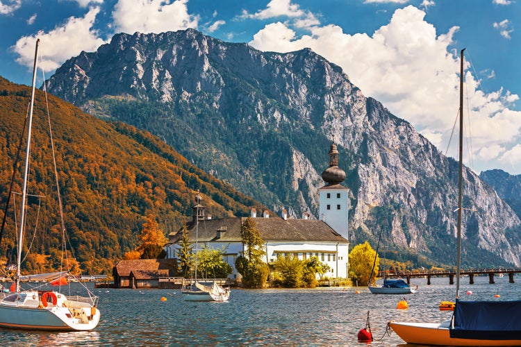 Photo of aerial panoramic view of Schloss Ort or Schloss Orth on the Traunsee lake Gmunden , Austria.