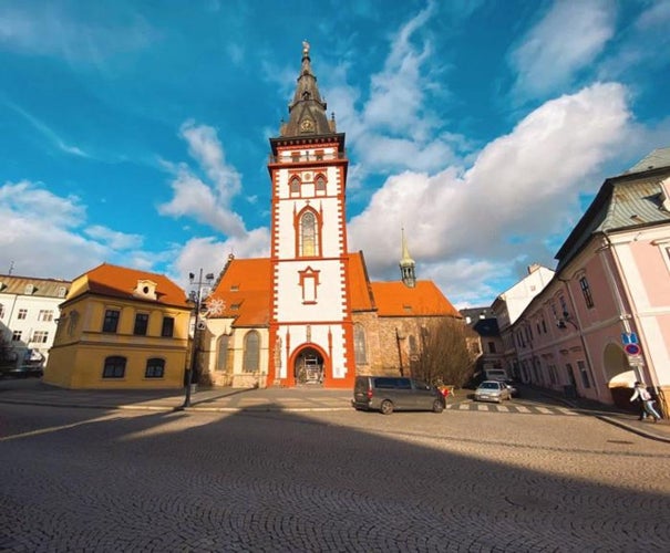 CZECH REPUBLIC, CHOMUTOV - Assumption of the Virgin Mary church from 1525, renaissance town tower, Chomutov, North Bohemia Czech republic