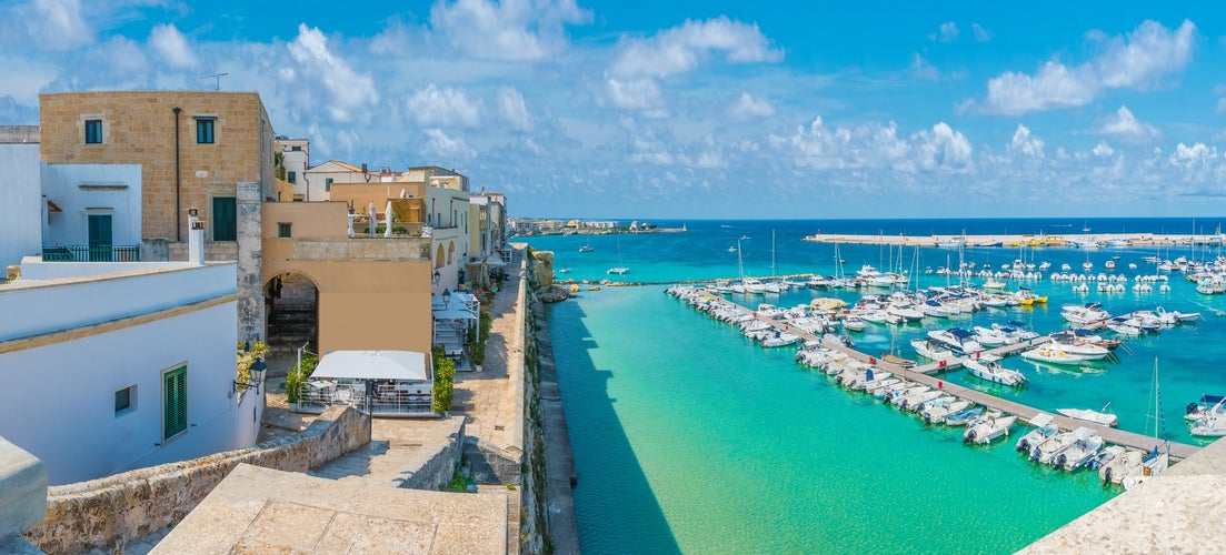 Panoramic view of Otranto town and harbor, province of Lecce, Puglia (Apulia), Italy