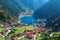 Photo of aerial view to the Uzungol lake famous tourist destination in summer in city of Trabzon ,Turkey.