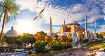 Touristic sightseeing ships in Golden Horn bay of Istanbul and mosque with Sultanahmet district against blue sky and clouds. Istanbul, Turkey during sunny summer day.