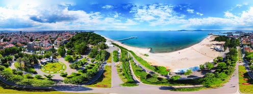 Photo of panoramic aerial view of the sea port of Sveti Vlas in Bulgaria.