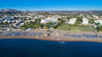 Photo of Faliraki the primary seaside resort village on the Greek island of Rhodes.