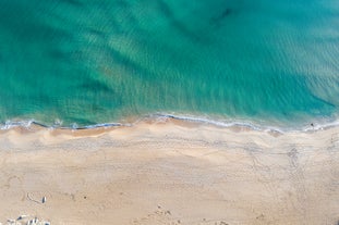 Photo of aerial view of beautiful beach in Mamaia, Romania.