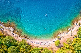 Photo of panoramic aerial view of Baska town, Krk, Croatia.