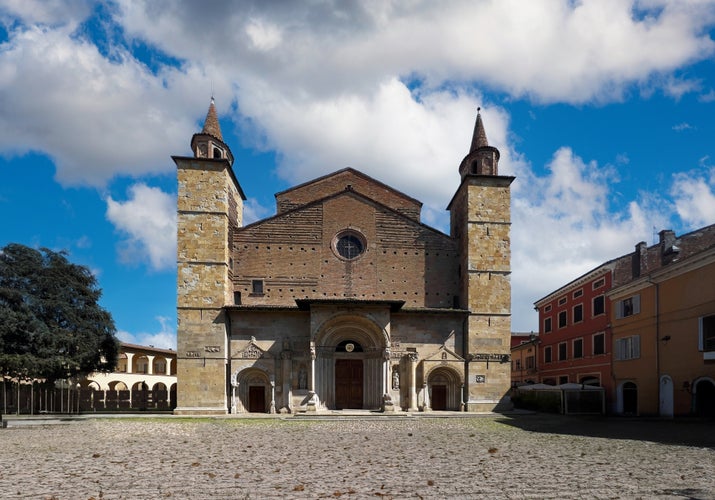 Photo of facade of the Fidenza Cathedral of San Donnino, province of Parma, region of Emilia Romagna, Italy.