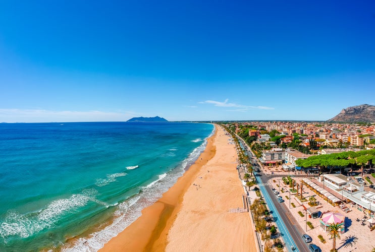 Panoramic sea landscape with Terracina, Lazio, Italy. Scenic resort town village with nice sand beach and clear blue water. Famous tourist destination in Riviera de Ulisse