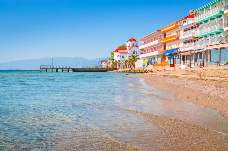 Beautiful Paralia Katerini beach and church, Greece.