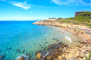 Photo of aerial view of beach and cityscape Salou, Spain.