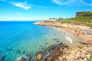 Photo of aerial view of beach and cityscape Salou, Spain.