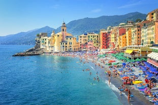 Photo of beautiful landscape of panoramic aerial view port of Genoa in a summer day, Italy.