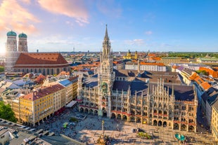 Photo of beautiful aerial view of Frankfurt at sunset Germany financial district skyline.