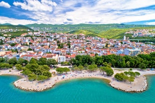 Photo of aerial view of Historic Adriatic town of Krk aerial view, Island of Krk, Kvarner bay of Croatia.