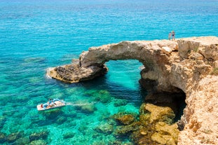 Photo of panoramic aerial view of Kalamis beach and bay in the city of Protaras, Cyprus.