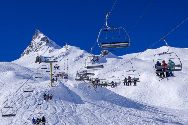 Winter mountains panorama with ski slopes, Bareges, Pyrennees, France