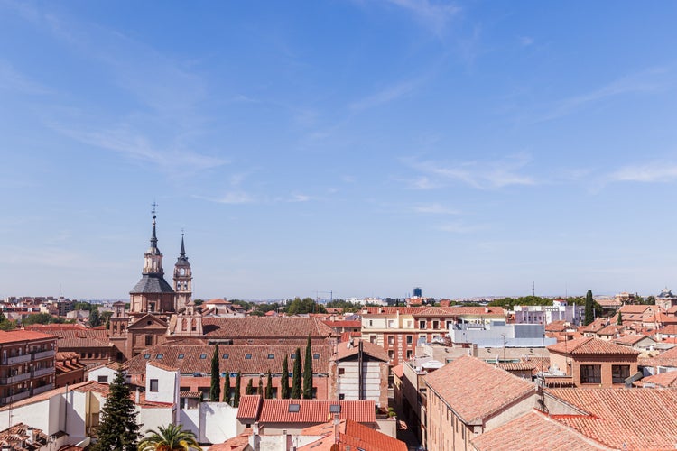 Photo of aerial view landmark Plaza de Cervantes, Alcala de Henares, Spain.