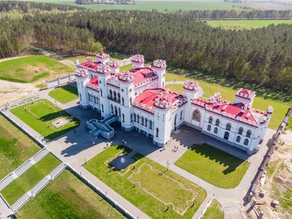 Photo of aerial view of magnificent Kosava Palace, Belarus.