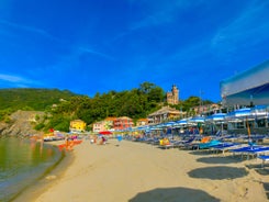 Photo of aerial view of Levanto or Levante, a beautiful fishing village in Liguria, Italy.