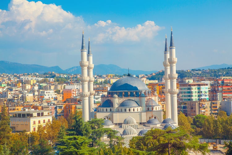 Panorama of Tirana City and largest mosque in Albania.