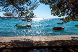 Photo of aerial view of town of Rovinj historic peninsula , famous tourist destination in Istria region of Croatia.