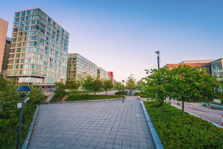 Photo of Milton Keynes downtown at sunset.