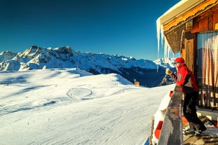 Photo of aerial view of spectacular winter landscape and mountain ski resort in French Alps ,Alpe D Huez, France.