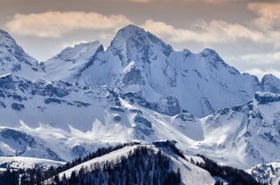 photo of Autumn morning panoramic shot on Stern-La Villa from San Cassiano, Piz la Ila, Gruppo Sella, Sassongher, Piza de Gherdenacia, Peitlerkofel in Italy.