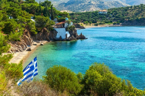 Photo of a very popular beach among locals and visitors in Lesvos island, Mytilene.