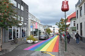 Panoramic view of Reykjavik, the capital city of Iceland, with the view of harbor and mount Esja.