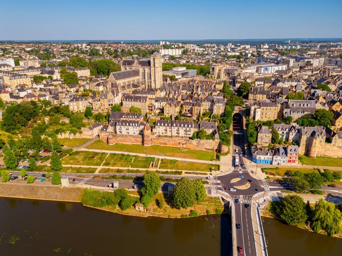 High angle Drone Point of View on the City of Le Mans, Pays de la Loire, Northwestern France on summer day. Le Mans is best known for the annual 24-hour automobile race in June.