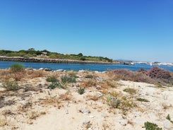 photo of an aerial view of wide sandy beach in touristic resorts of Quarteira and Vilamoura, Algarve, Portugal.