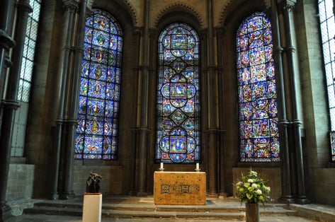 Photo of stained Glass Windows at Canterbury Cathedral, England.