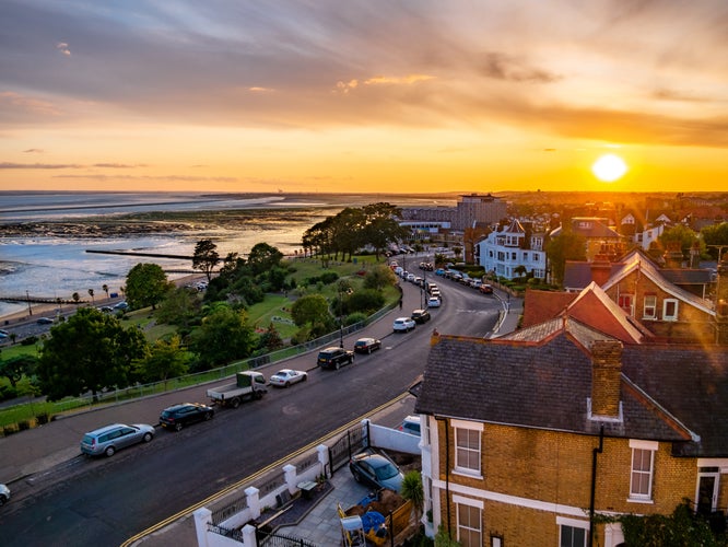 Photo of aerial view of the beach in Southend on sea village Essex, in sunset light, England.