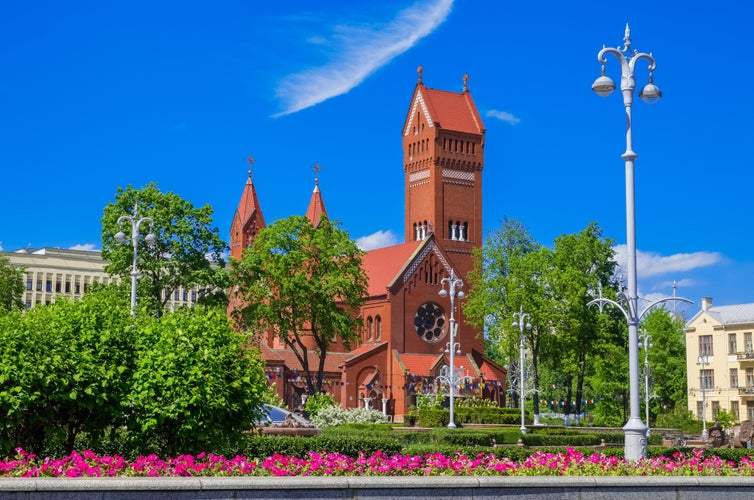 Photo of Church of Saints Simon and Helena (Red church) at Independence Square in Minsk.