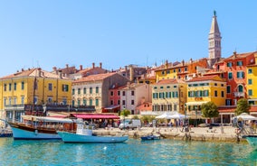 Photo of aerial view to the town of Porec in Istria, Croatia on Adriatic coast.