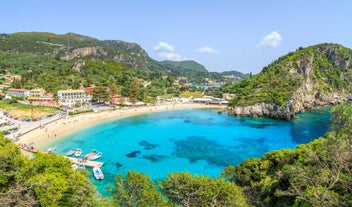 Photo of panoramic aerial view of Palaiokastritsa, Corfu, Greece.