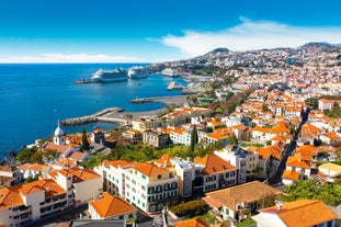 Photo of panoramic aerial view of idyllic coastal village of Porto da Cruz Madeira island, Portugal.