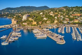 Photo of panoramic aerial view of town Rapallo in Liguria, Italy.