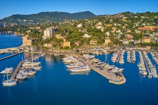 Photo of panoramic aerial view of town Rapallo in Liguria, Italy.