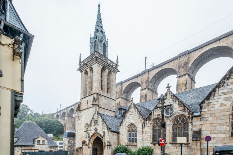 photo of view of View of the church and the aqueduct of the town of Morlaix, France.