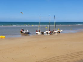 Photo of aerial view of the long sandy beach of Sword beach in Hermanville-sur-Mer towards Ouistreham ,France.