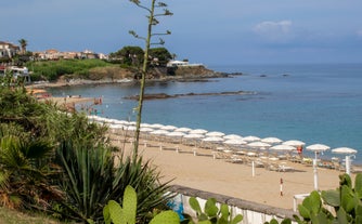 Photo of perfect summer aerial view of Diamante port, Italy.